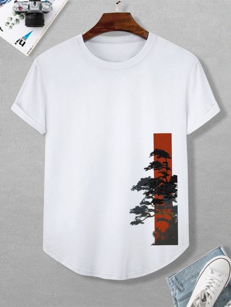 

men tree print curved hem tee h4n1#, White;black
