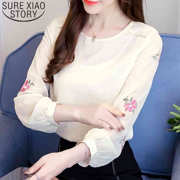 

spring fashion blouse lady long sleeve o-neck elegant clothing embroidery floral casual women 5524 50 210415, White