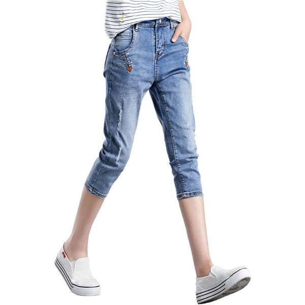 

women's jeans plus size ripped for women summer capris woman vaqueros mujer casual high waist denim harem jean femme c5224, Blue