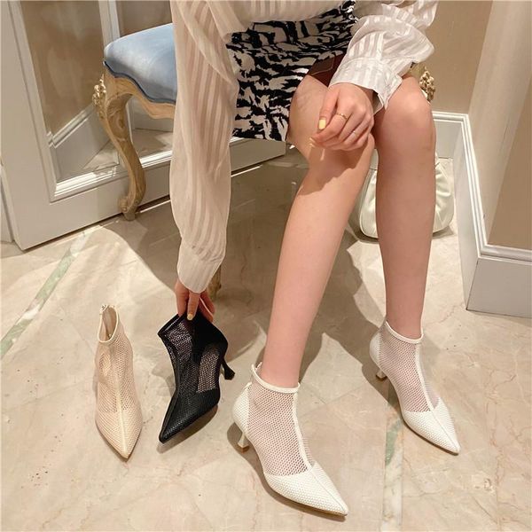 

boots black shoes women ankle casual low heel pointed toe white booties fashion mesh high womens fall