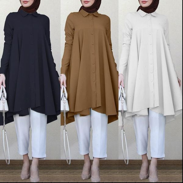 

women shirts vintage asymmetrical womens autumn blouse zanzea casual long sleeve turkish robe female solid islam clothing, White