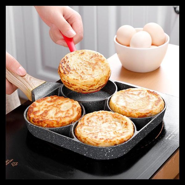 

pans four-hole frying pot thickened omelet pan black non-stick egg kitchen tools wooden handle cooking breakfast maker