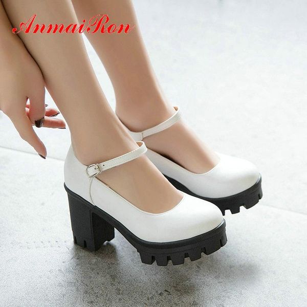 

dress shoes anmairon luxury women casual basic 2021 buckle strap pu round toe square heel spring/autumn retro platform, Black