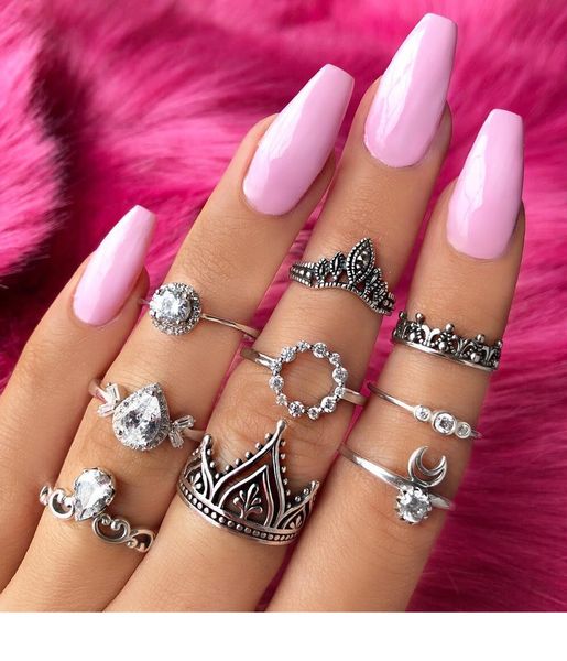 

9 pcs/ set crystal crown round ring for women silver joint rings femme party midi fingel kunckle bohemian wedding gifts, Golden;silver