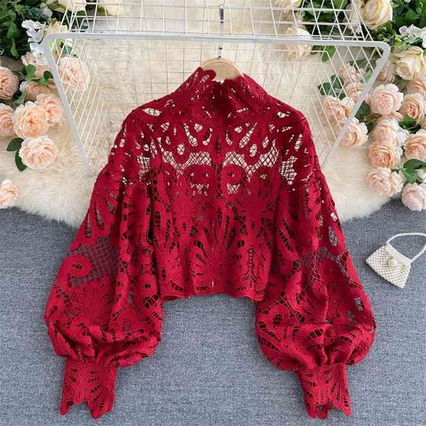 

lace hollow out short blouse casual lantern long sleeve stand collar shirts female elegant red/pink/white loose 210525