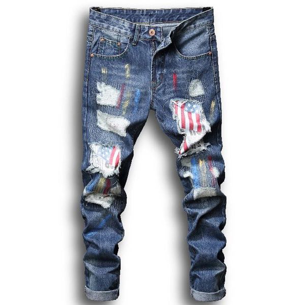 

men stretchy skinny biker jeans slim fit denim scratched ripped men's, Blue