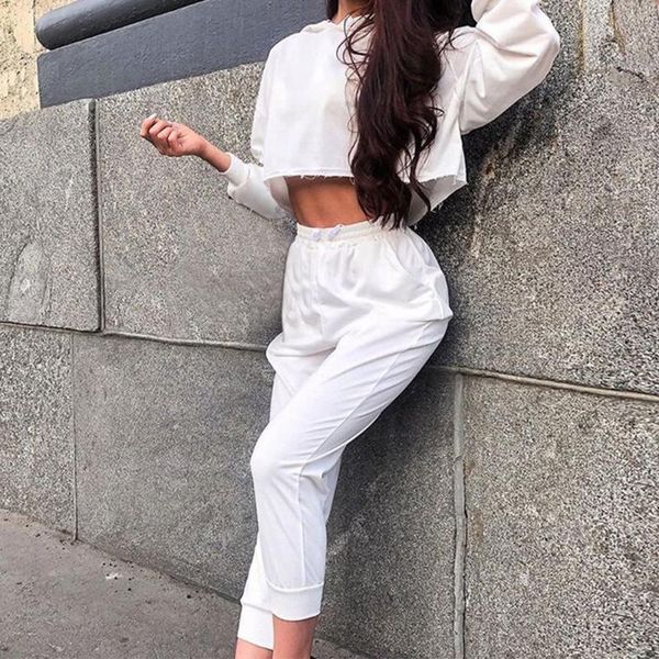 

two piece dress gryffon solid casual workout set women fashion long sleeve outfits sporty active wear and pants, White