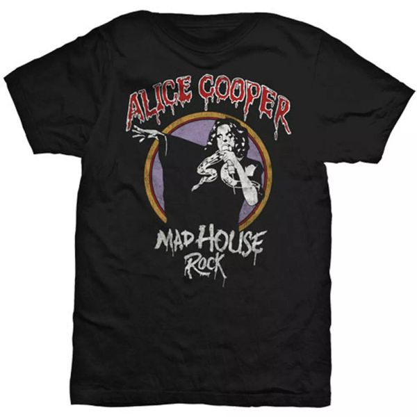 

alice cooper mad house rock licensed men t-shirt, White;black