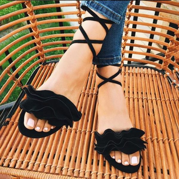 

sandals women summer solid color ruffles round toe flat heel cross tied rome shoes female elegant, Black