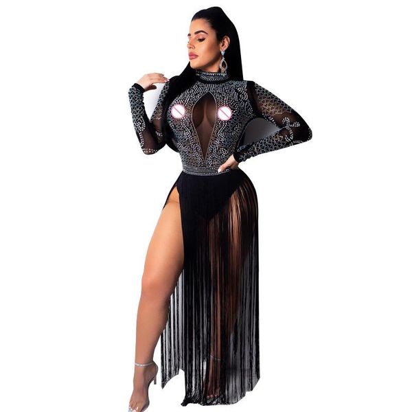 

casual dresses womens diamond tassle sheer mesh lace dress long sleeve maxi transparent clubwear outfit female party vestidos, Black;gray