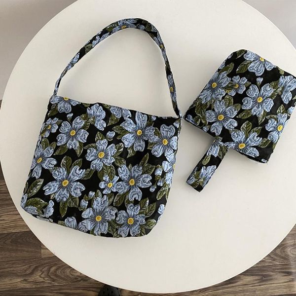 

evening bags retro flower shoulder bag for women blue jacquard ladies cloth shopping female small bucket shopper mini tote handbags