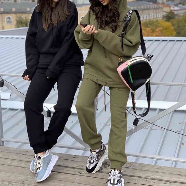 

two pieces set outfits autumn women's tracksuit oversized hoodies and pants casual sport suit winter 2 piece woman set clothing 210521, White