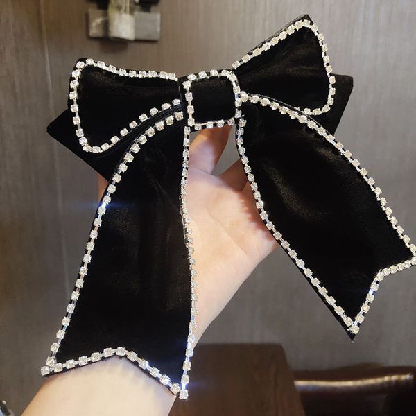 

korea black velvet big bowknot rhinestone spring clips hair accessories for women luxury crystal chain hairpins jewelry, Golden;white
