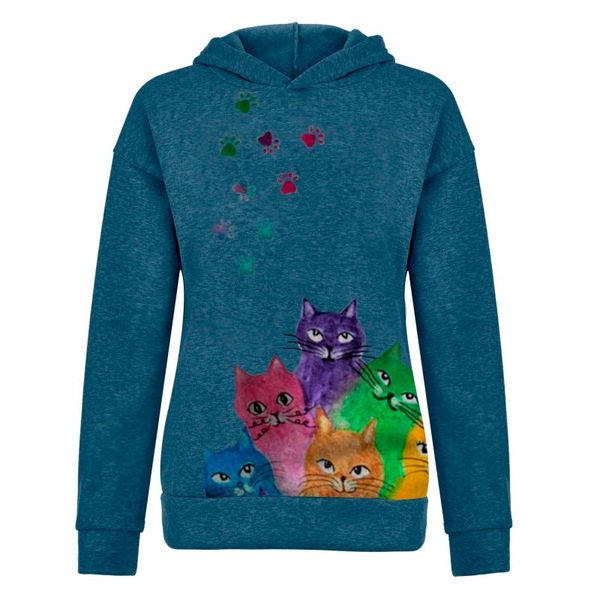 

women's ladies winter fashion casual autumn cat printed long sleeve loose plus szie hooded sweatershirt pullover d1# hoodies & sweatsh, Black