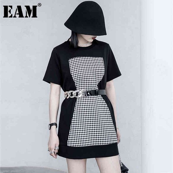 

[eam] women black plaid spliced big size casual t-shirt round neck short sleeve fashion spring summer 1dd7551 210512, White