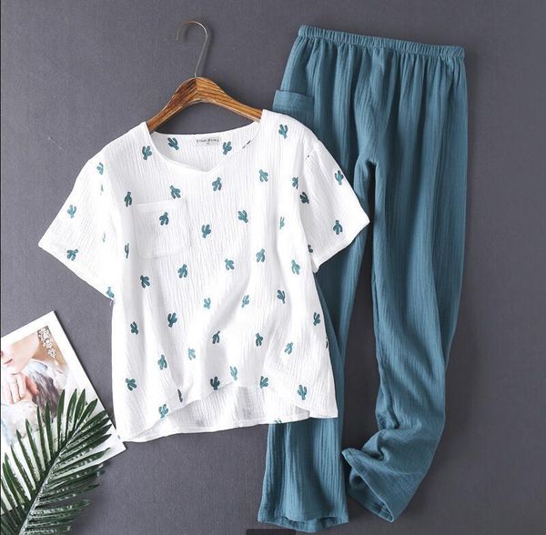 

Women's Sleepwear Cotton Pyjamas Water-washed Pijamas Crepe Yarn Short-sleeved Long Pants Home Suit Women Pajamas 2-piece Set R0SY, Black;red