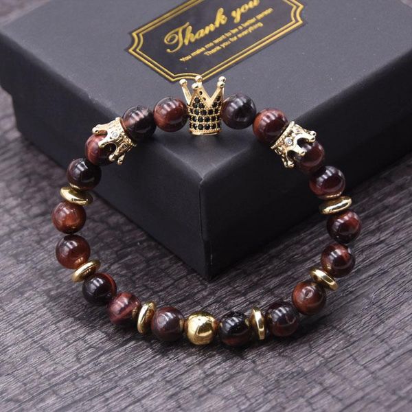 

beaded, strands luxurious micro pave black cz zirconia king crown charm bracelet men natural red tiger eye stone bead erkek bileklik