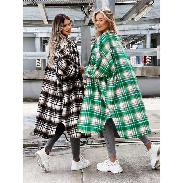 

women's jackets donsignet women 2021 autumn long sleeve lengthened plaid shirt office lady fashion womens coat outerwear, Black;brown