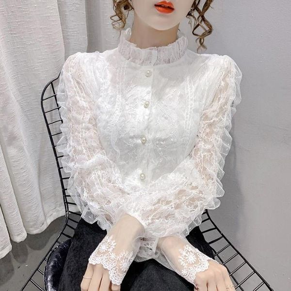 

women's blouses & shirts women 2021 spring fashion stand collar thin female long sleeves lace ladies solid color casual w88, White