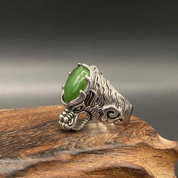 Antigo anel de prata pura feito à mão 925 conjunto de prata jasper bibcock jade anel de prata masculino anel gema