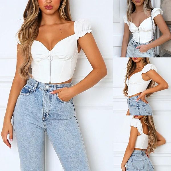 

women's fashion v-neck solid color zipper short slim white t-shirt