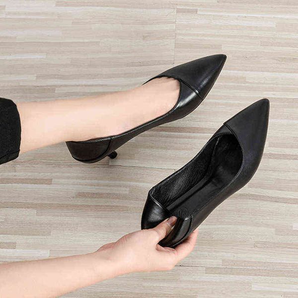 

kuku2021 spring leather high heels women's workplace office sheep work sho soft sole single women