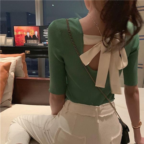 

arrival womens sweater korea lady backless bow femme elegant black knitwearautumn women pullover white half sleeve casual, White;black