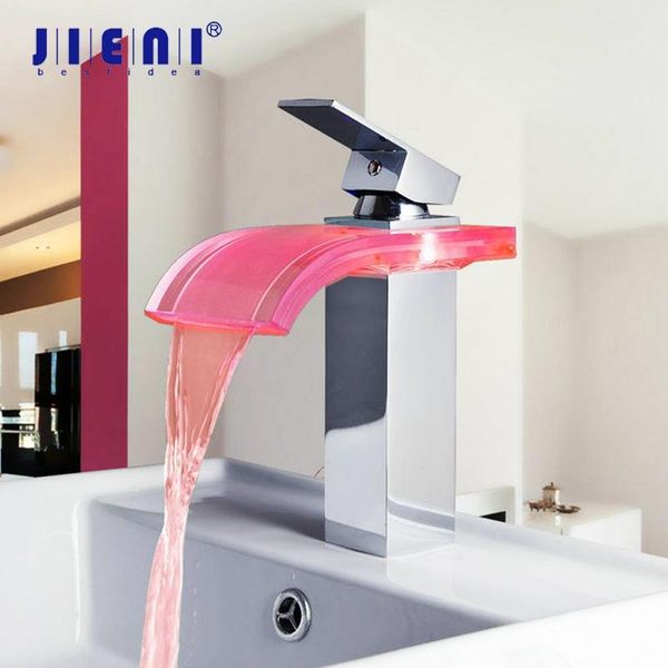 

bathroom sink faucets jieni solid brass unique chrome led waterfall glass basin single handle mixer tap faucet