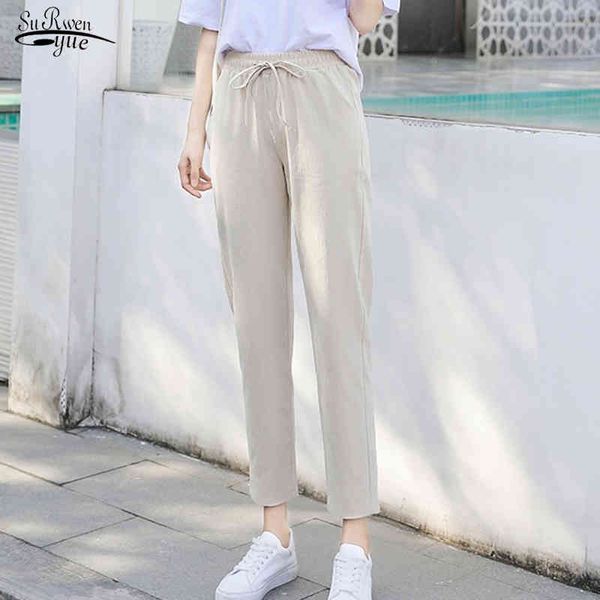 

spring summer thin cotton linen trousers women casual elastic high waist pants pencil female pantalon femme 10067 210427, Black;white