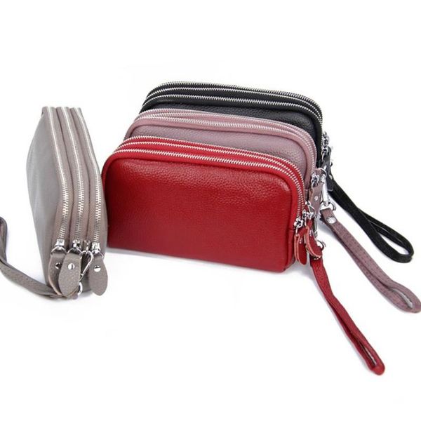 

wallets arrival women genuine leather long female three layers zippers clutch wristlet bag id bank card holders coin purses, Red;black