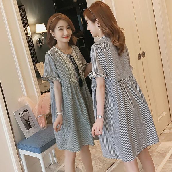 

168# maternity clothes summer cotton o neck stripe short sleeves loose stylish dress pregnant women mom dresses, White