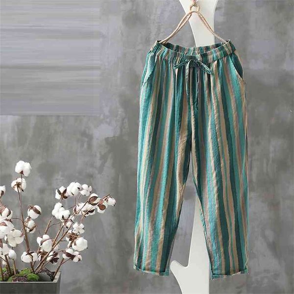 

summer fashion women pants plus size loose casual elastic waist striped harem vintage cotton linen ankle-length d125 210512, Black;white