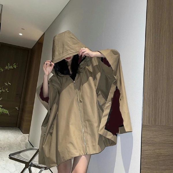 

women's trench coats big-name winter satin loose bat jacket ladies 2021 fashion high-quality hooded windbreaker y2k bra, Tan;black
