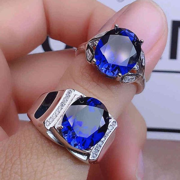 Anelli di diamanti con pietre preziose di zaffiro di cristallo blu per uomo donna coppia gioielli in oro bianco argento colore bijoux bague regali di nozze2299