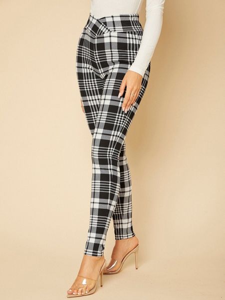 

tall plaid print overlap waist skinny pants s5zs#, Black;white