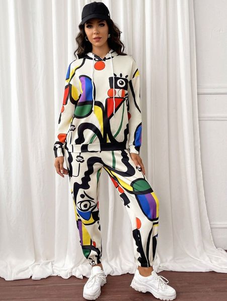

cartoon graphic drop shoulder hoodie & sweatpants q6hx#, White