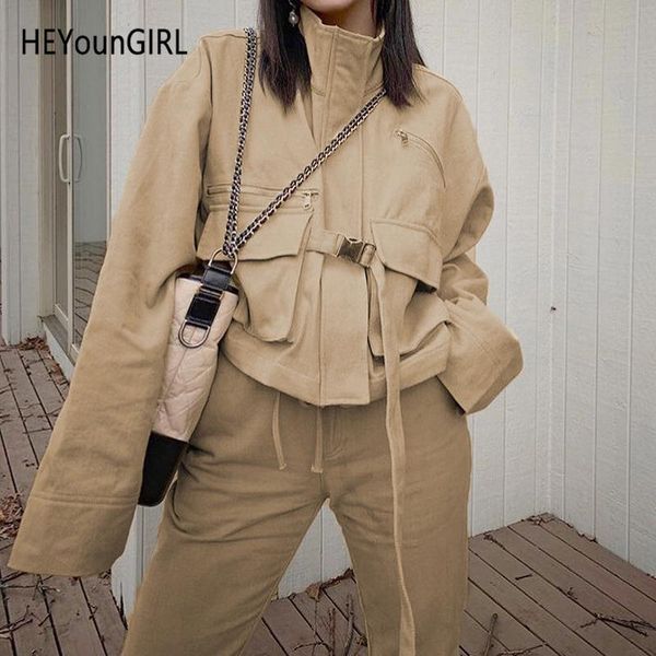 

women's jackets autumn winter casual cargo jacket women khaki harajuku coat woman buckle up long sleeve wind breaker streetwear 2021, Black;brown