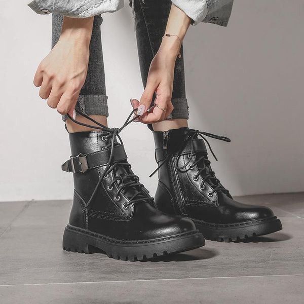 

boots 2021 autumn shoes women fashion brand black thick bottom chunky cross-tied female botas mujer