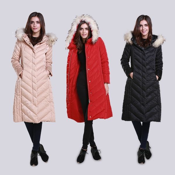 

women's long down jacket hooded raccoon dog hair collar white duck slim warm, Black