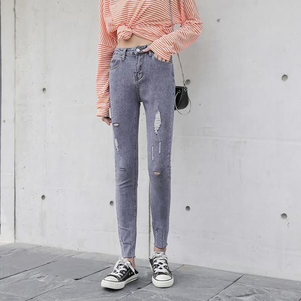 

women's jeans mozuleva high waist tassel ripped holes denim pants female trousers pencil women skinny 2021 femme, Blue