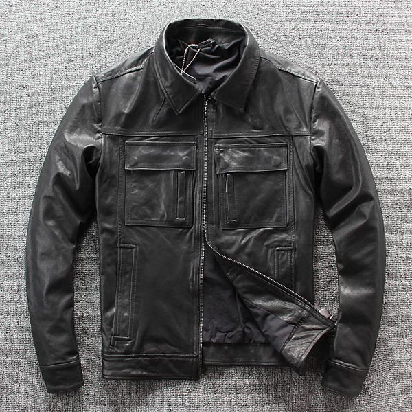 

men's leather & faux 2021 vintage black men american casual style jacket plus size 3xl genuine sheepskin spring coat