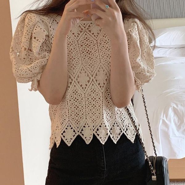 

blouses vintage hollow out knitted blouses summer korean hook flower short shirt women sleeve loose crop, White