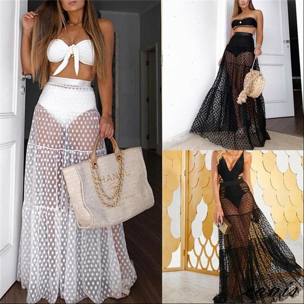 

summer womens skirt transparent high waist dot boho lady long maxi skirts drop, Black
