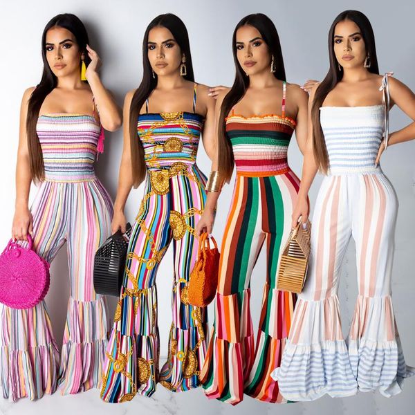 

women's jumpsuits & rompers fashionable explosive wrap chest sling jumpsuit contrast rainbow striped flare pants summer, Black;white