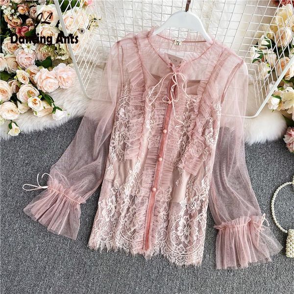 

women lace blouse v-neck long flare sleeve look through korean chic autumn or spring slim casual woman fashion shirts women's blouses, White