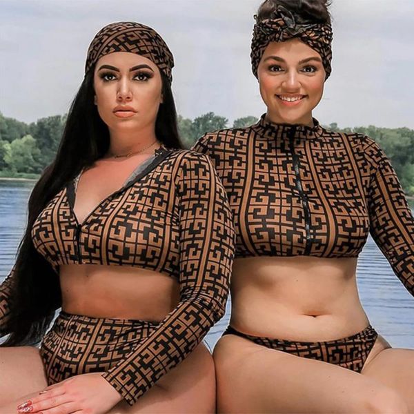 

women's swimwear 3 piece sunkini set geometric print bikini plus size women bandana zipper split bathing suit swimsuit 5xl, White;black