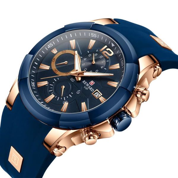 

wristwatches reward fashion men watches analog quartz 30m waterproof chronograph sport date relogio masculino, Slivery;brown