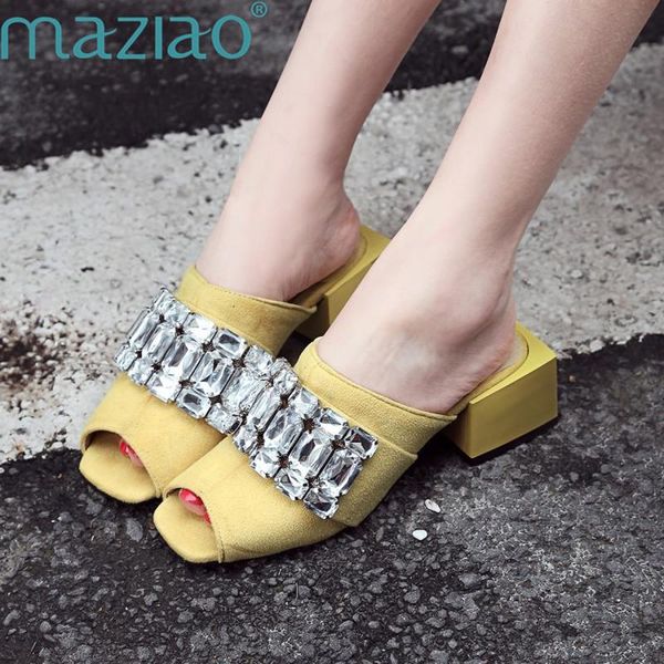 

slippers maziaosummer leisure square medium heel fashion luxury crystal sandals flock slides causal flip flops beach shoes woman, Black