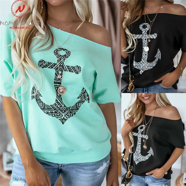

fashion women summer casual loose t-shirts for streetwear patchwork design o-neck short sleeve anchor print lady pullovers x0527, White