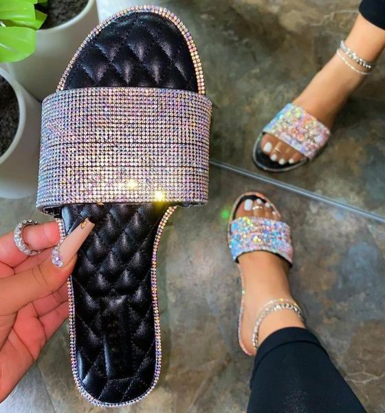 

women outdoor slippers casual crystal rhinestone beach flat shoes fashion flip flop non-slip sandals lady slides, Black